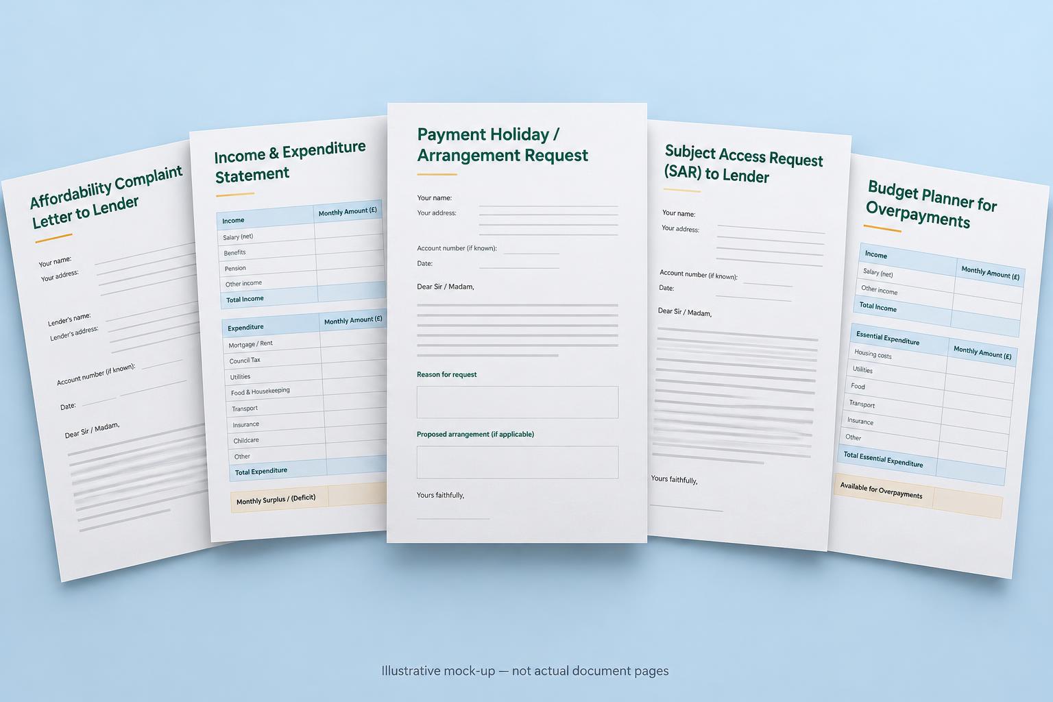 Illustrative mock-up of the five Mortgage Affordability Pack documents, not actual document pages